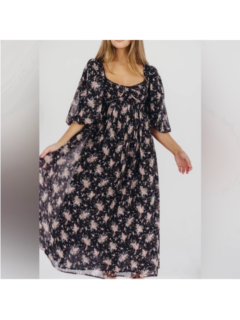Worth Collective Harlow Black Floral Puff-Sleeve Maxi Dress with Pink Accents